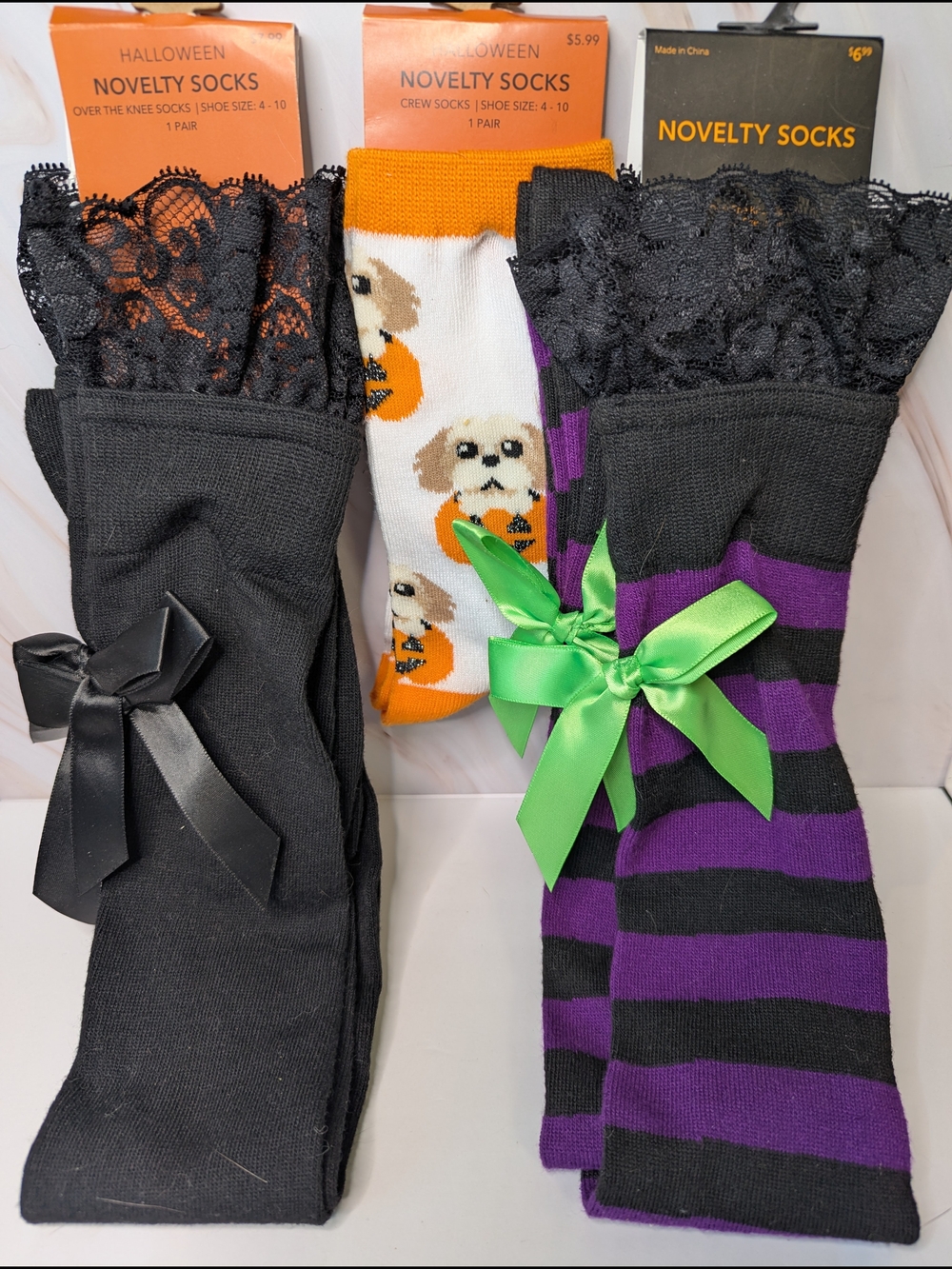 Halloween Novelty Over The Knee Socks Black & Purple, Puppy Pumpkin Crew Socks